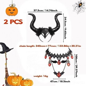 KALUROIL 2 PCS Déguisement Halloween Femme- Bandeau Corne de Démon Noir avec Collier Dentelle - Accessoire Maléfique pour Hal
