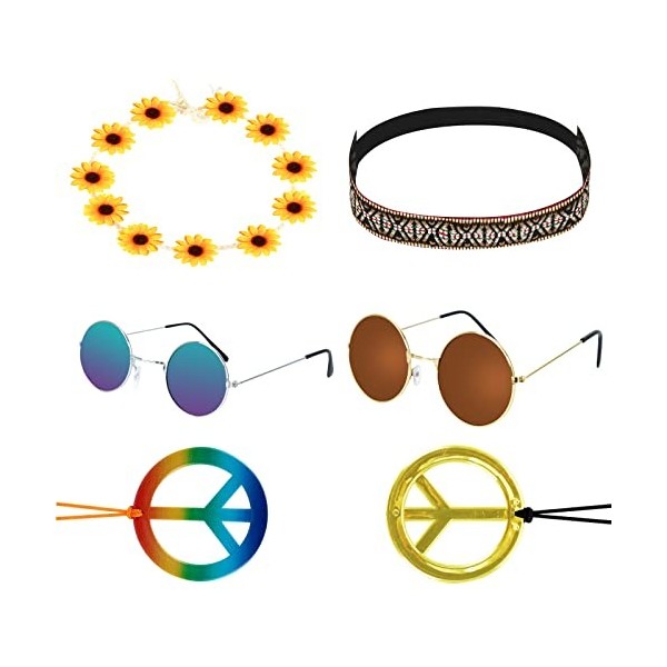 GLAITC Accessoires hippies Ensemble de costumes hippies Accessoires de déguisement des années 60 et 70 Lunettes de soleil hip