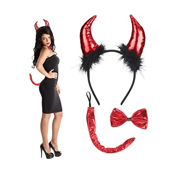 YOLOUP 3Pcs Cornes de Diable Rouge avec Arc Rouge Queue Bandeau de Corne dHalloween Déguisement Maléfique Fille Halloween po