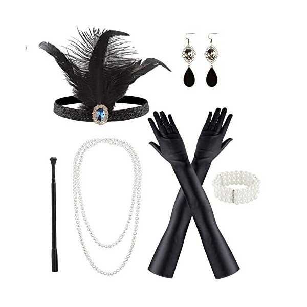 M MUNCASO 6 pcs Années 1920 Flapper Accessoires Ensemble Déguisement Accessoires de Fête avec Plume Bandeau Boucles dOreille