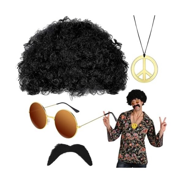 4 Pièces Ensemble De Costumes Hippies, Perruque Afro, Perruques Hippies Costume, Accessoires Hippie pour Carnaval Fêtes à Thè