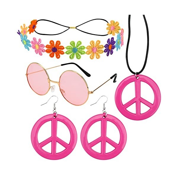 Costume Hippie Années 60-70 Pour Femme - 6 Pièces : Collier Paix, Boucles, Bandeau, Gilet Franges | Style Rétro Bohème