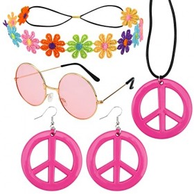 GLAITC Ensemble De Costume Hippie, 5 pièces Années 60 70 Accessoire Hippie Femme Hippie Déguisement Lunettes Hippie Collier S