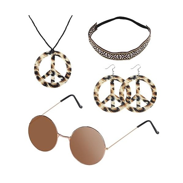 GLAITC Ensemble De Costume Hippie, 5 pièces Années 60 70 Accessoire Hippie Femme Hippie Déguisement Lunettes Hippie Collier S