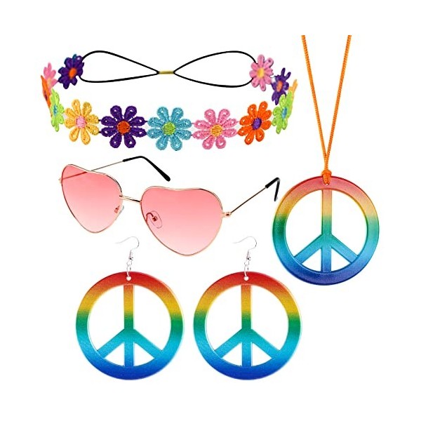 GLAITC Ensemble De Costume Hippie, 5 pièces Années 60 70 Accessoire Hippie Femme Hippie Déguisement Lunettes Hippie Collier S