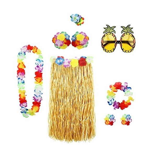 Guirlandes hawaïennes - Kit daccessoires de costume - Jupe dherbe - Guirlande de fleurs Lei Luau - Ananas - Lunettes - Coll