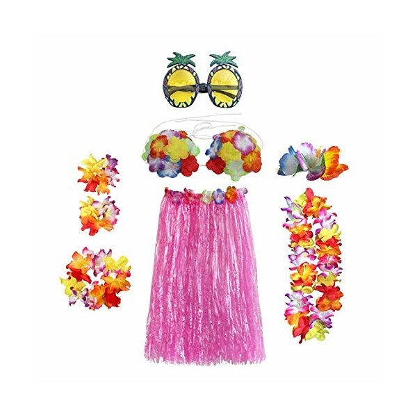 Guirlandes hawaïennes - Kit daccessoires de costume - Jupe dherbe - Guirlande de fleurs Lei Luau - Ananas - Lunettes - Coll