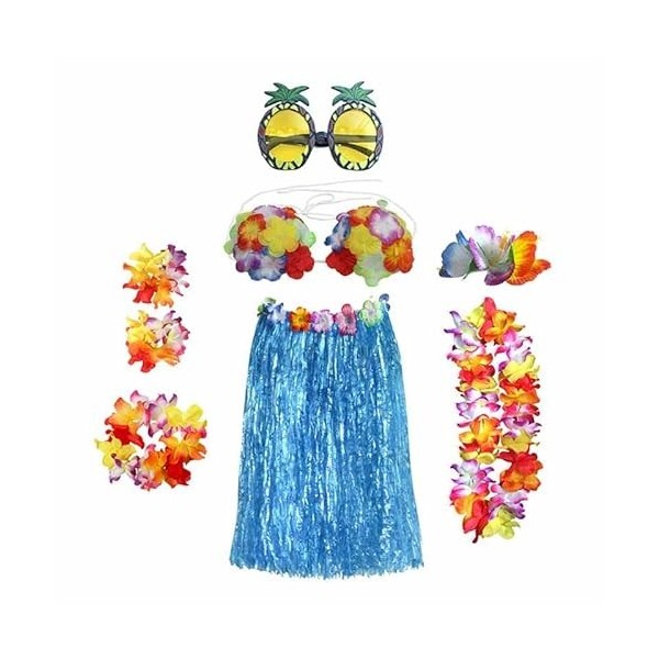 Guirlandes hawaïennes - Kit daccessoires de costume - Jupe dherbe - Guirlande de fleurs Lei Luau - Ananas - Lunettes - Coll