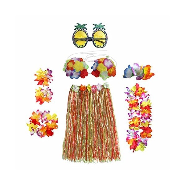 Guirlandes hawaïennes - Kit daccessoires de costume - Jupe dherbe - Guirlande de fleurs Lei Luau - Ananas - Lunettes - Coll