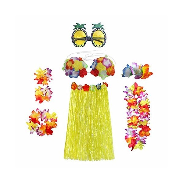 Guirlandes hawaïennes - Kit daccessoires de costume - Jupe dherbe - Guirlande de fleurs Lei Luau - Ananas - Lunettes - Coll