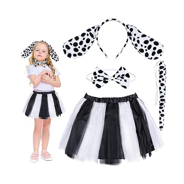 Fennoral 4pcs Ensemble de Costume Dalmatien Chien Dalmatien Carnaval Chien Costume pour Filles - Cornes de Chien Bandeau Noeu