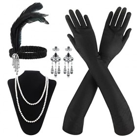 BBTO Set de 4 Pièces Accessoires Flapper des Années 1920 avec Bandeau de Plumes Gants Longs Noirs Collier de Perles Boucles d