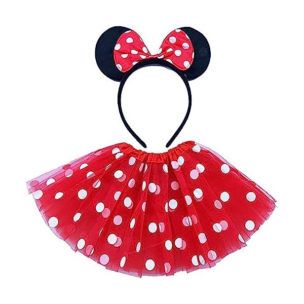 Deguisement Minnie Fille, Serre Tete Minnie Costume Enfant - Jupe en Tulle + Bandeau avec Noeud Rouge & Pois Blancs + Gants B