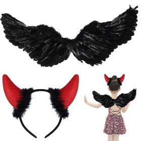YEAPEAK Noir Diable Déguisement, dailes dange pour Halloween, Ailes dange Enfant, Aile De Demon avec Cornes De Diable Roug
