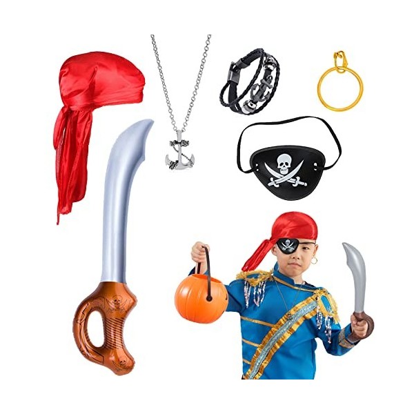 Gxhong 6PCS Accessoires de Costume de Pirate, Pirate Cosplay Accessoires, Pirates Accessoires Kit avec Cache-œil Pirate, dor