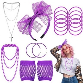 Suewidfay Deguisement Annee 80 Femme, Costume Des AnnéEs 80 A Bandeaux Boucles DOreilles Bracelets Gants Et Collier Croix, 8