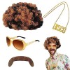 Lot de 4 Accessoires de Costume Hippie, Hippie Accessoires, Hippie Afro Perruque, Lunettes de Soleil, Collier, Fausses Mousta