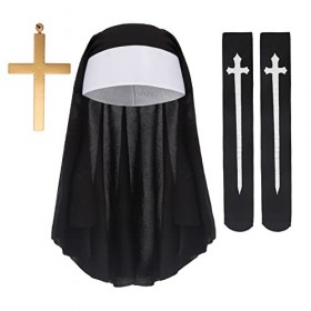 Faxianther Déguisement de Nonne Accessoires de Costume de Religieuse Ensemble de 3 Pièces Turban Croix et Bas de Nonne Access