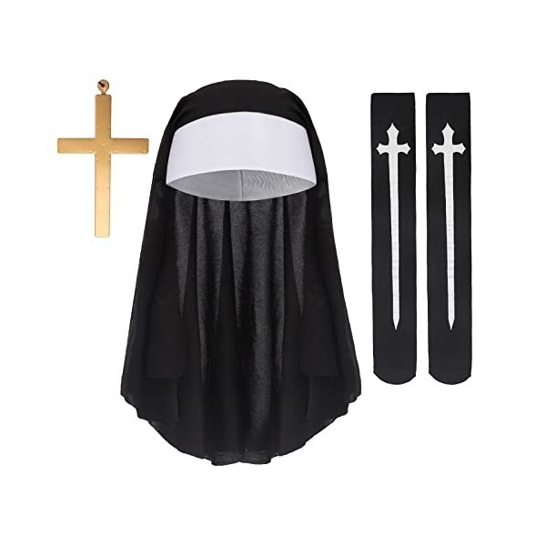 Faxianther Déguisement de Nonne Accessoires de Costume de Religieuse Ensemble de 3 Pièces Turban Croix et Bas de Nonne Access