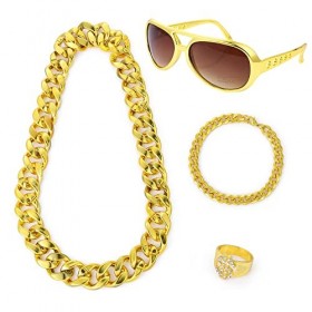 Kit de Costume Hip Hop Dollar Signe Anneau Chaîne En Or Collier Bracelet Rétro Lunettes De Soleil Années 90 Hommes Femmes Hip