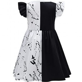 IWEMEK Enfants Filles Cruella Costume 101 Dalmatien Déguisements Cruella De Vil Robe Manteau + Accessoires Halloween Carnaval