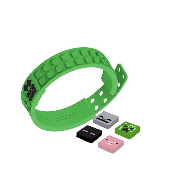 Pixie Crew Bracelet Minecraft En Silicone Vert Réglable Comprend 4 multipixels De Porc, Squelette, Creeper et Enderman 2x2 Ré