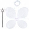 Costume dange blanc pour enfants – Ensemble de 3 pièces – Ailes de papillon, plumes, auréole de guirlande et baguette de fée