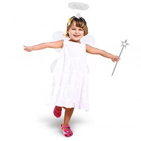Costume dange blanc pour enfants – Ensemble de 3 pièces – Ailes de papillon, plumes, auréole de guirlande et baguette de fée