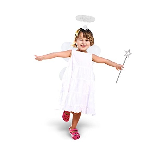 Costume dange blanc pour enfants – Ensemble de 3 pièces – Ailes de papillon, plumes, auréole de guirlande et baguette de fée