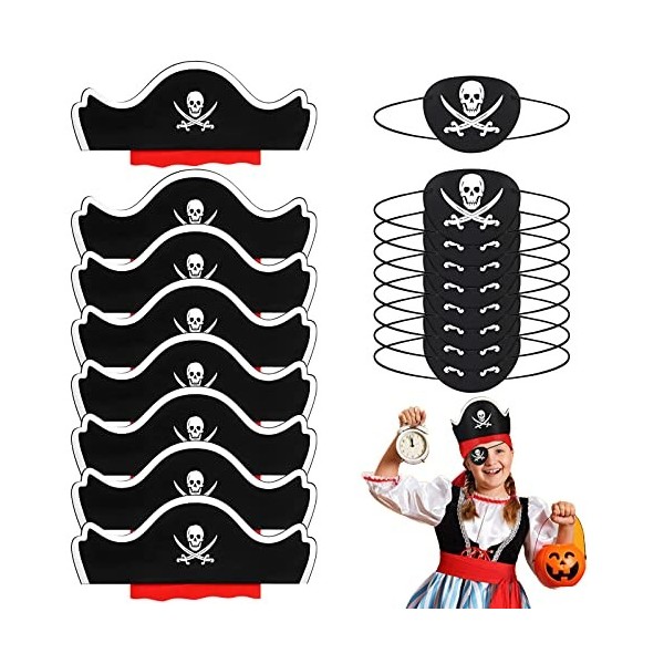 qingmeng Chapeau de pirate pour enfants, 16 pièces cache-œil pirate pour enfants, 8 chapeaux de pirate, 8 cache-yeux pirate p