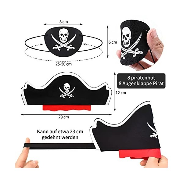 qingmeng Chapeau de pirate pour enfants, 16 pièces cache-œil pirate pour enfants, 8 chapeaux de pirate, 8 cache-yeux pirate p