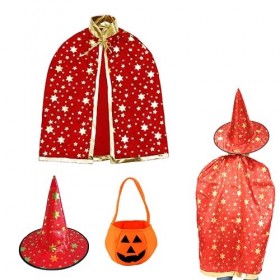 PUCIO Costume dHalloween pour enfant - Cape de sorcière avec chapeau, citrouille - Sac à bonbons - Manteau de magicien avec 