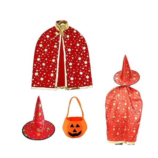 PUCIO Costume dHalloween pour enfant - Cape de sorcière avec chapeau, citrouille - Sac à bonbons - Manteau de magicien avec 