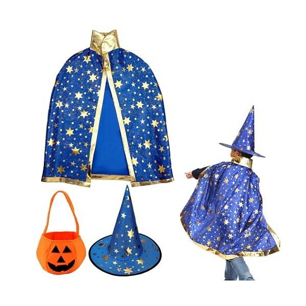 PUCIO Costume dHalloween pour enfant - Cape de sorcière avec chapeau, citrouille - Sac à bonbons - Manteau de magicien avec 