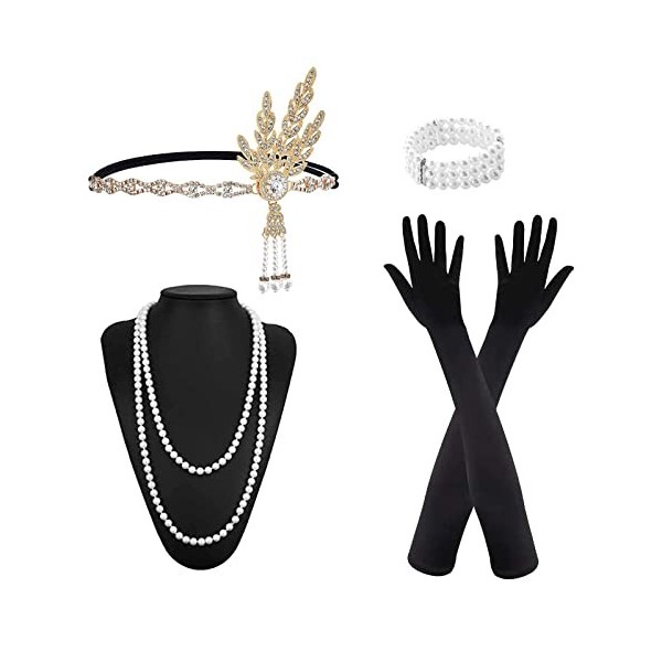 MIVAIUN 5 Pcs 1920s Accessoires Set, Années 1920 Accessoires Gatsby Costume Set, Accessoire Annee 20, Bandeau, Collier, Gants