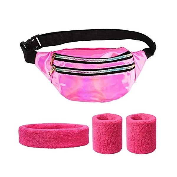 BETESSIN Kit COS des Années 80 Sac Banane Rose Headband Bandeau Serre-Tête Bande Elastique Poignet Bracelet Sac Poitrine Tail