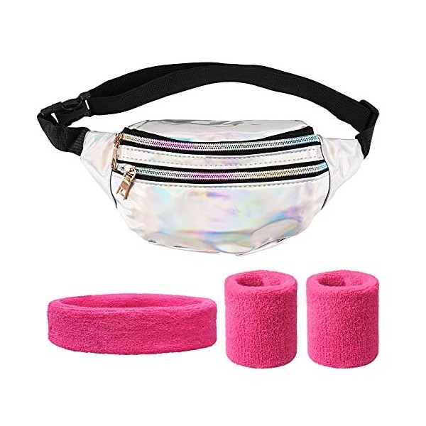 BETESSIN Kit COS des Années 80 Sac Banane Rose Headband Bandeau Serre-Tête Bande Elastique Poignet Bracelet Sac Poitrine Tail