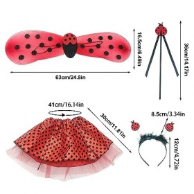 SKHAOVS 4 Pièces Deguisement Coccinelle Enfant,Costume Coccinelle Enfant set,Ladybug Ailes BaguetteSerre-tête Tutu Jupe,Dégui