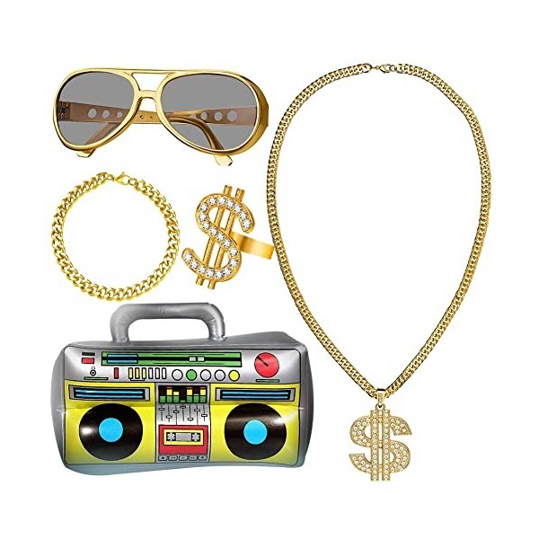 Tomicy Kit de Costume Hip Hop, 5PCS 80s 90s Accessoires de Rappeur, Collier Pendentif Dollar,Chaîne Plaqué de Signe Dollar, B
