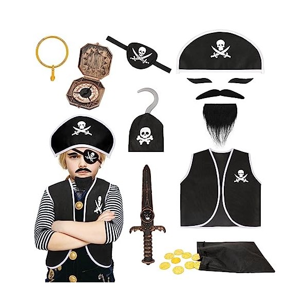 Hifot Déguisement Pirate Enfant Garçon Fille,Veste Pirate et Accessoire Pirate Epee Chapeau de Pirate Cache Oeil Boussole Cos