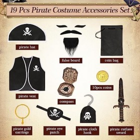 Hifot Déguisement Pirate Enfant Garçon Fille,Veste Pirate et Accessoire Pirate Epee Chapeau de Pirate Cache Oeil Boussole Cos