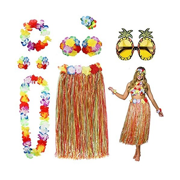 PHOGARY 8PCS Jupe de Hula Kit daccessoires de Costume pour Hawaii Luau Party - Danse Hula avec Fleur Bikini, Hawaïen lei, Pi