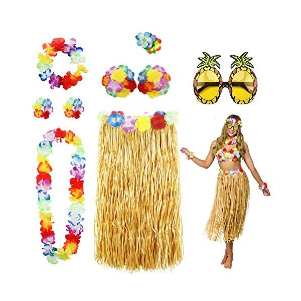 PHOGARY 8PCS Jupe de Hula Kit daccessoires de Costume pour Hawaii Luau Party - Danse Hula avec Fleur Bikini, Hawaïen lei, Pi