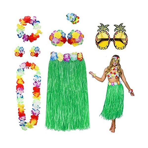 PHOGARY 8PCS Jupe de Hula Kit daccessoires de Costume pour Hawaii Luau Party - Danse Hula avec Fleur Bikini, Hawaïen lei, Pi