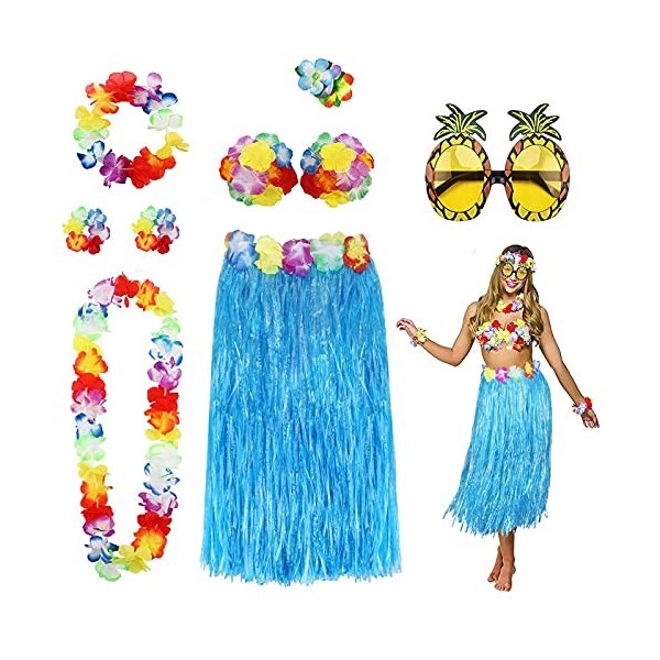 PHOGARY 8PCS Jupe de Hula Kit daccessoires de Costume pour Hawaii Luau Party - Danse Hula avec Fleur Bikini, Hawaïen lei, Pi