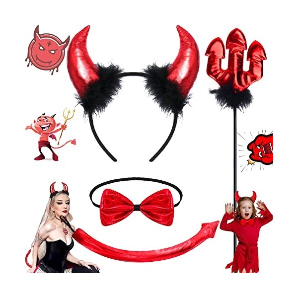 4 Pièces Kit Déguisement Diablesse, Accessoires Diablesse, Deguisement Halloween Femme Demon, Avec Bandeau de Corne Démon, Cr