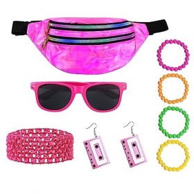 HIFOT Déguisement Année 80 Femme, Sac Banane Lunettes Bandeau Boucles Doreilles pour 80s Thème Soirée Carnaval Costume Vetem