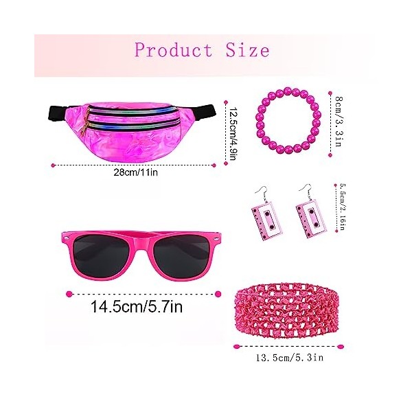 HIFOT Déguisement Année 80 Femme, Sac Banane Lunettes Bandeau Boucles Doreilles pour 80s Thème Soirée Carnaval Costume Vetem