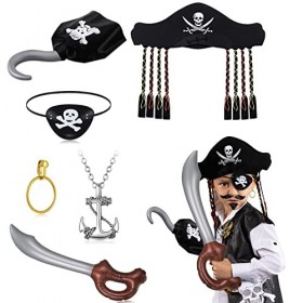Chalyna Set de 6 Pcs Accessoires de Costume de Pirate, Chapeau Cache-Œil Boucle dOreille Épée de Coutelas Gonflable Crochet 