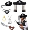 Chalyna Set de 6 Pcs Accessoires de Costume de Pirate, Chapeau Cache-Œil Boucle dOreille Épée de Coutelas Gonflable Crochet 